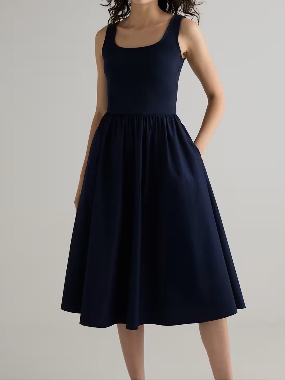 Quince Cotton Mixed Media Tank Navy Midi Dress